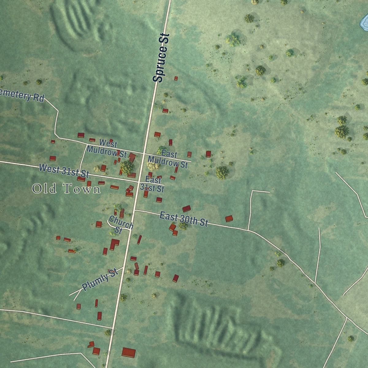 Second close-up of the map of Lewisville, Arkansas print showing more streets and buildings
