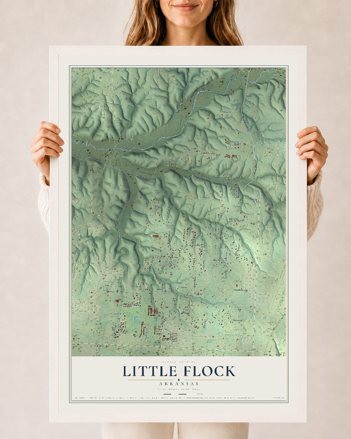 Map of Little Flock, Arkansas, 24 x 36 inch print in a white wood frame