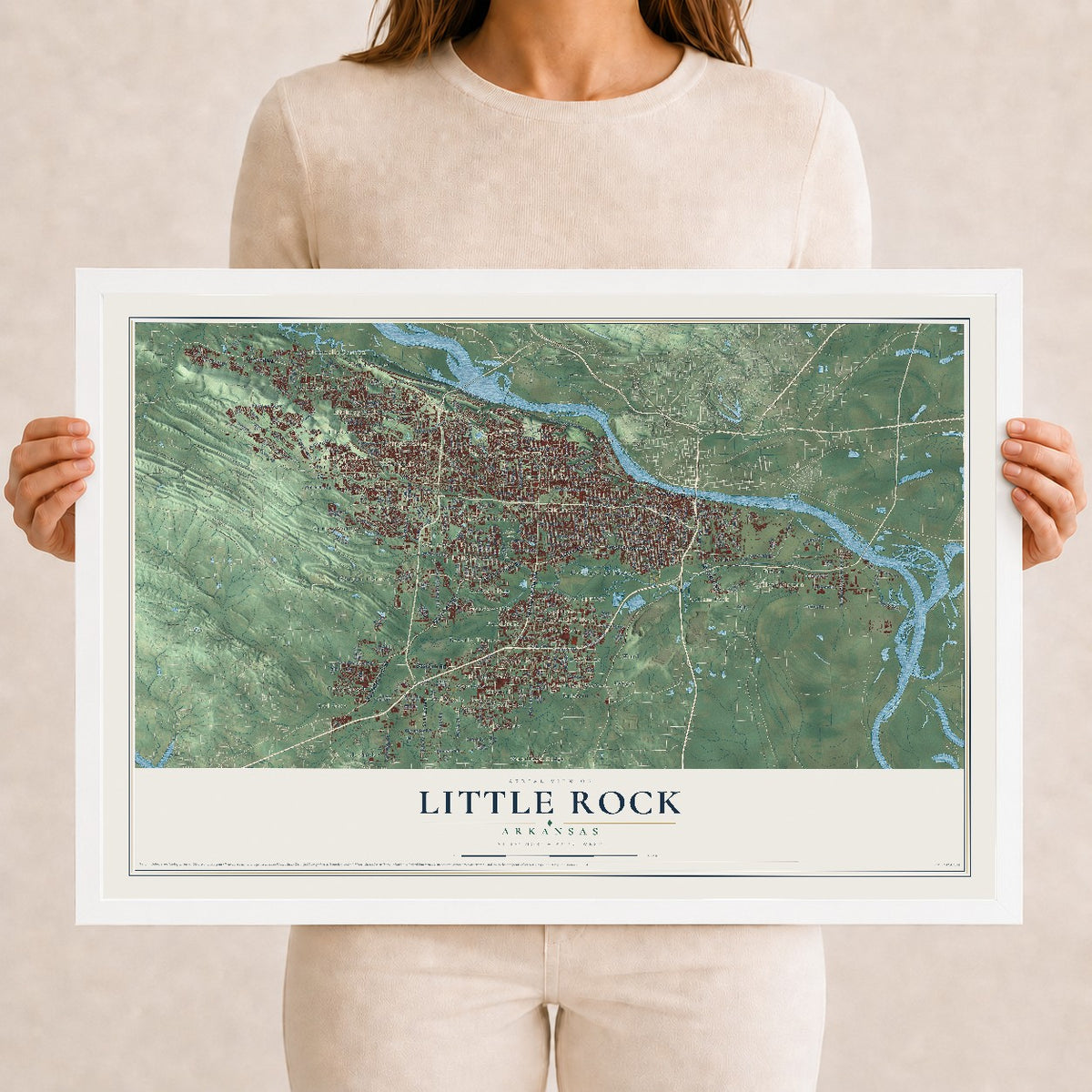 Map of Little Rock, Arkansas, 12 x 18 inch print in a white wood frame