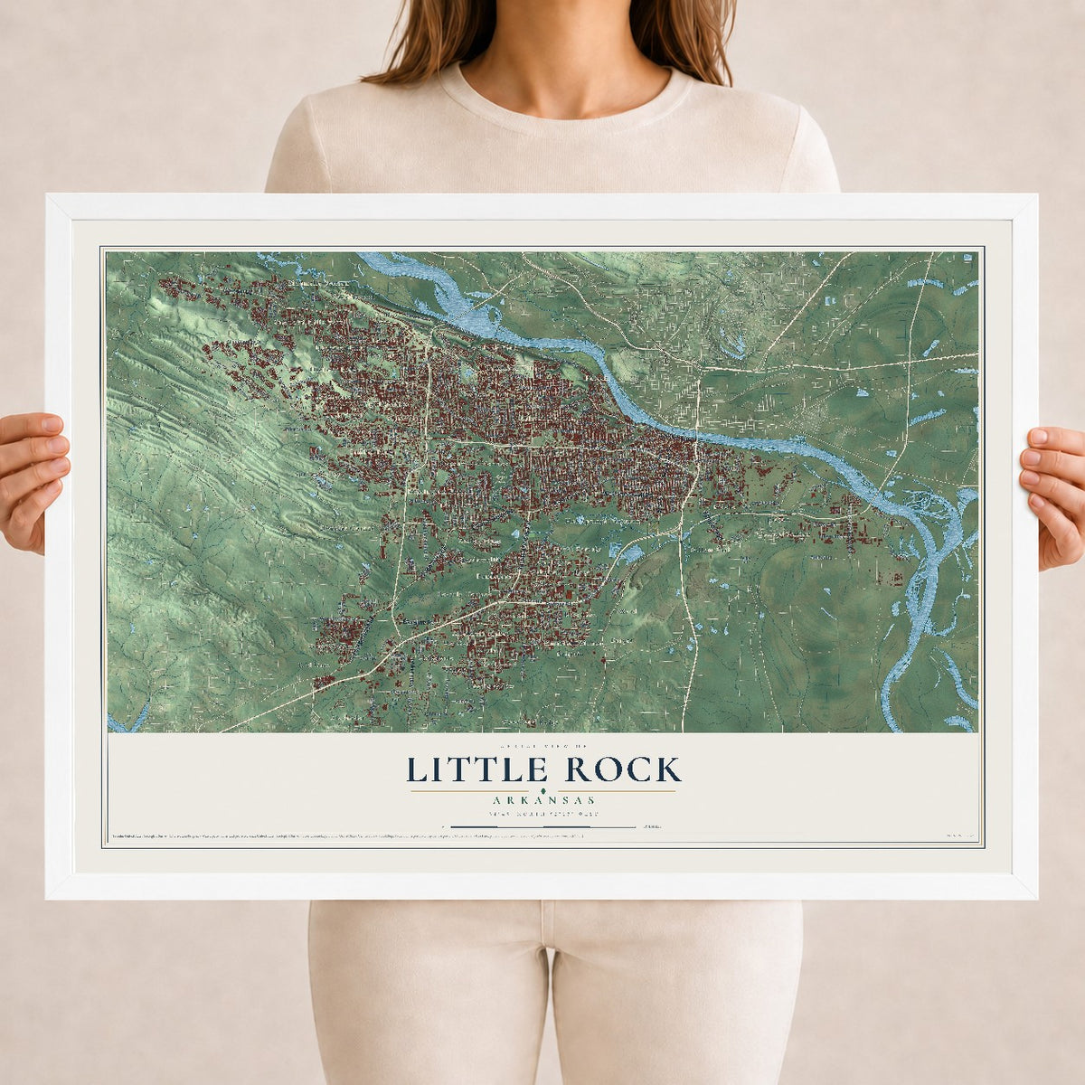 Map of Little Rock, Arkansas, 18 x 24 inch print in a white wood frame