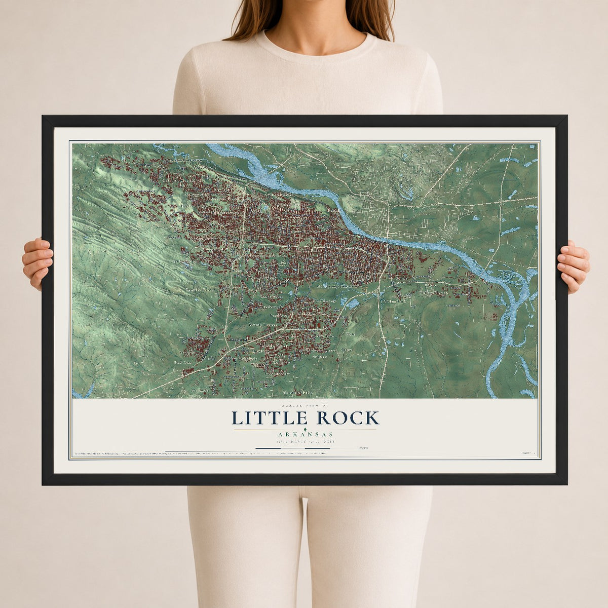Map of Little Rock, Arkansas, 24 x 36 inch print in a black wood frame