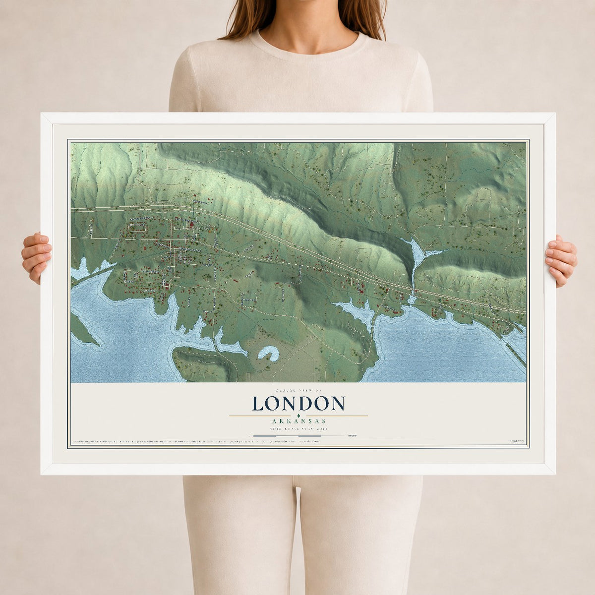 Map of London, Arkansas, 24 x 36 inch print in a white wood frame