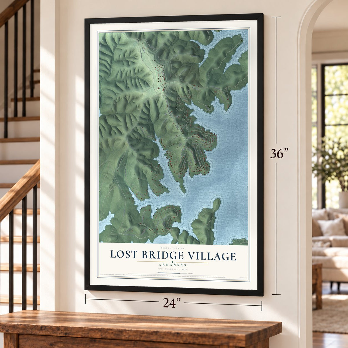 Lost Bridge Village, Arkansas map, 24 x 36 inch print in a black frame by a staircase