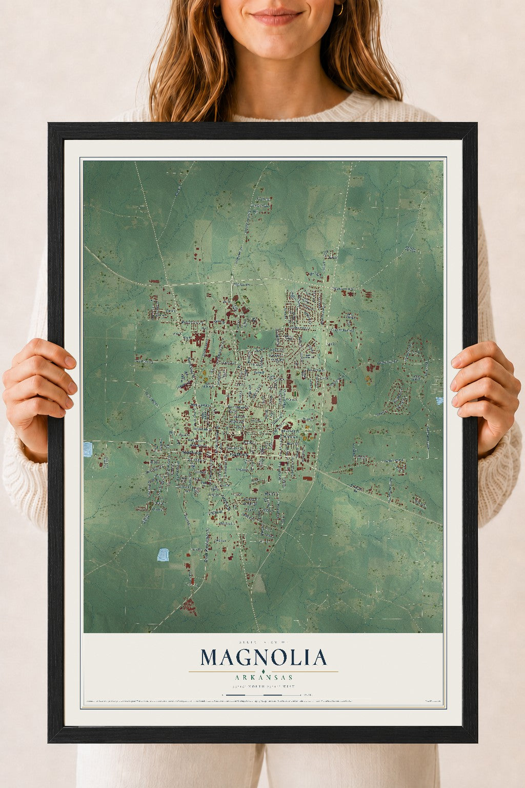 Map of Magnolia, Arkansas, 18 x 24 inch print in a black wood frame
