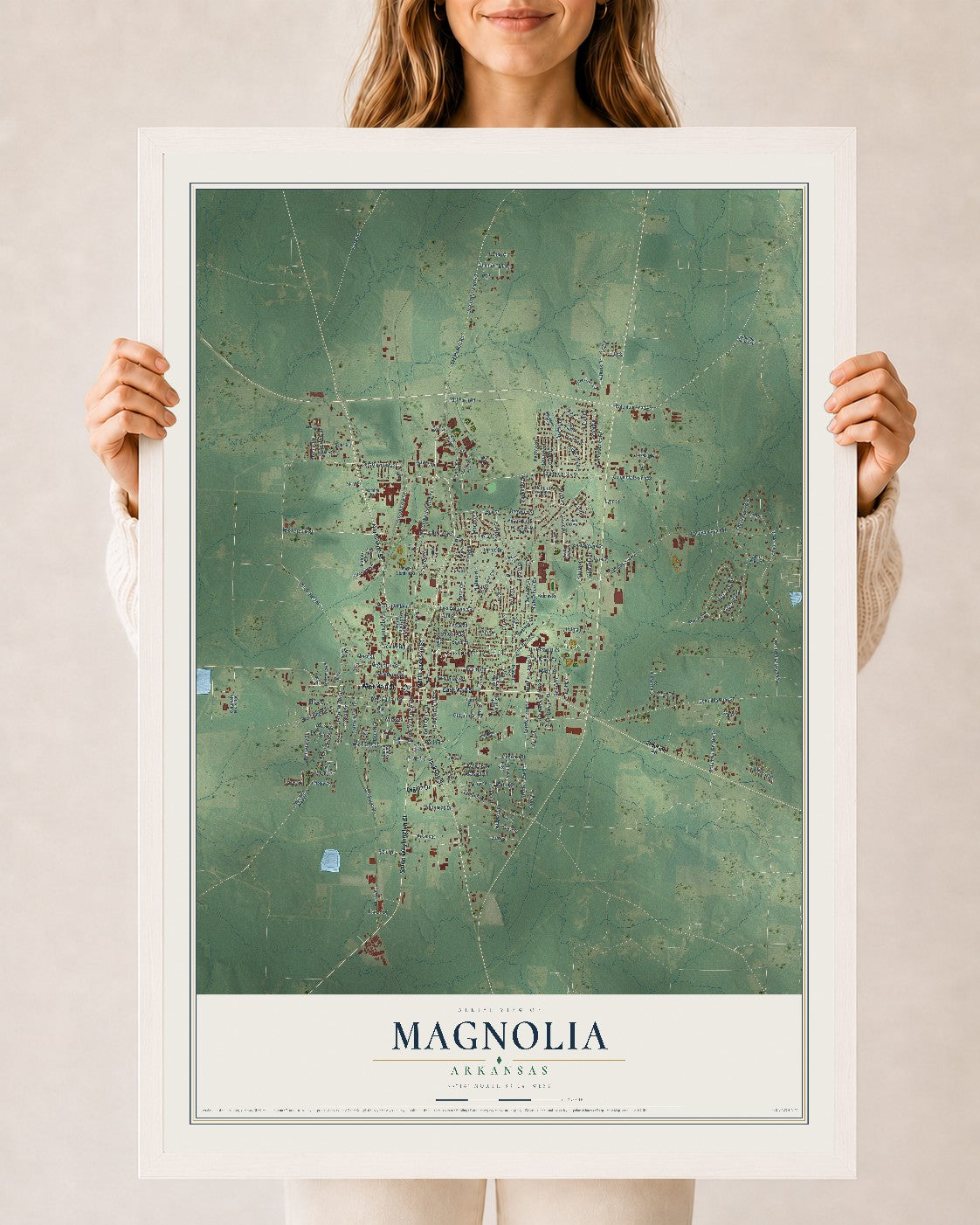 Map of Magnolia, Arkansas, 24 x 36 inch print in a white wood frame
