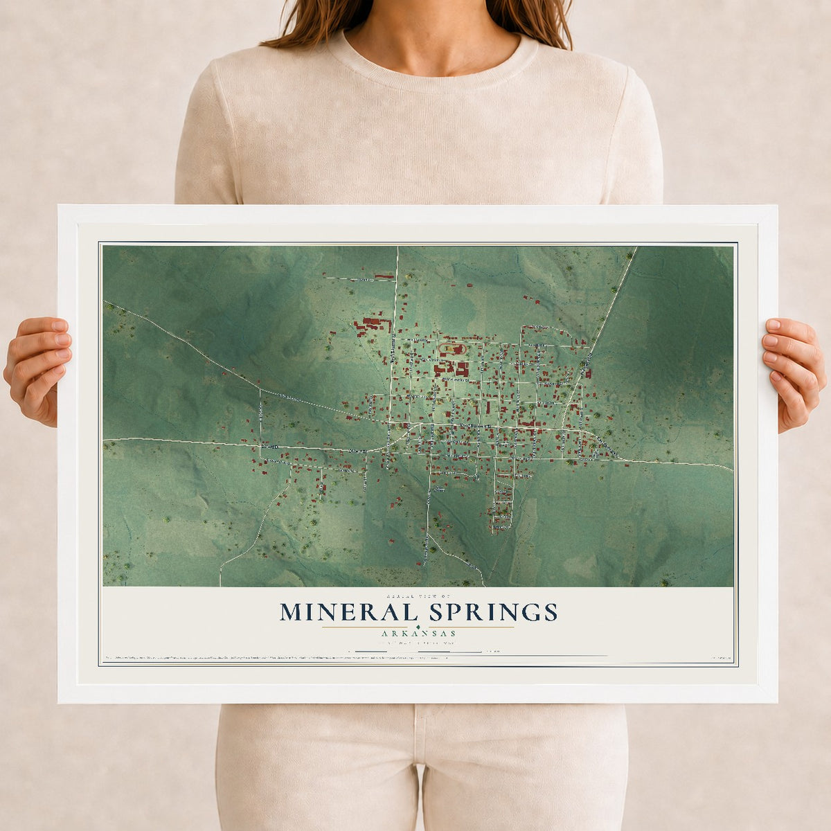 Map of Mineral Springs, Arkansas, 12 x 18 inch print in a white wood frame