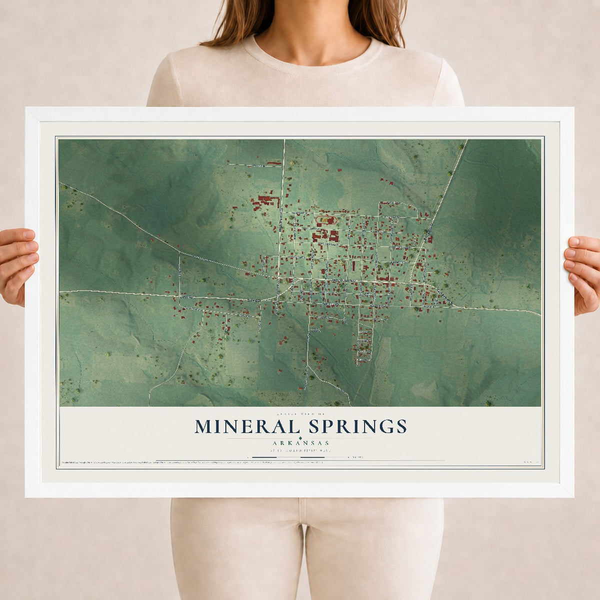 Map of Mineral Springs, Arkansas, 18 x 24 inch print in a white wood frame