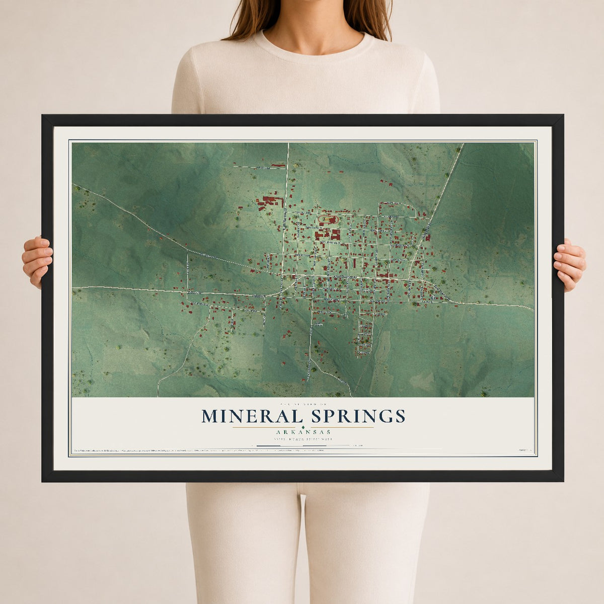 Map of Mineral Springs, Arkansas, 24 x 36 inch print in a black wood frame