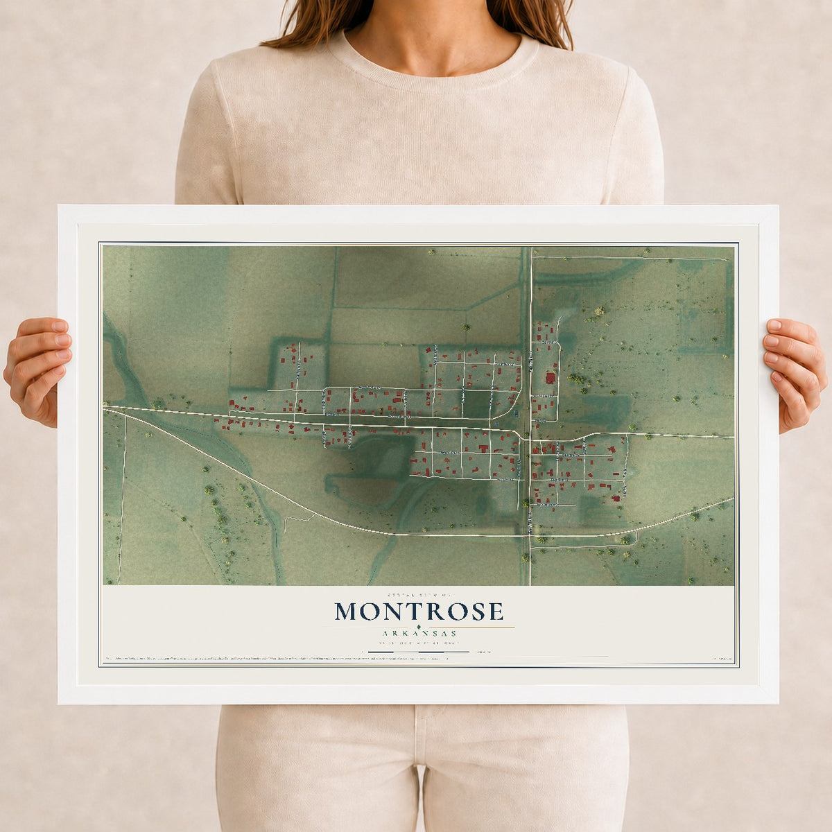 Map of Montrose, Arkansas, 12 x 18 inch print in a white wood frame