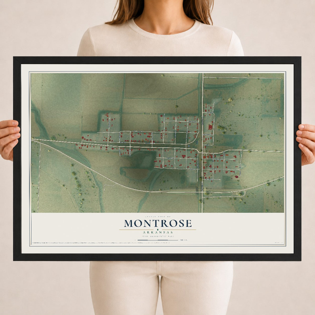 Map of Montrose, Arkansas, 18 x 24 inch print in a black wood frame