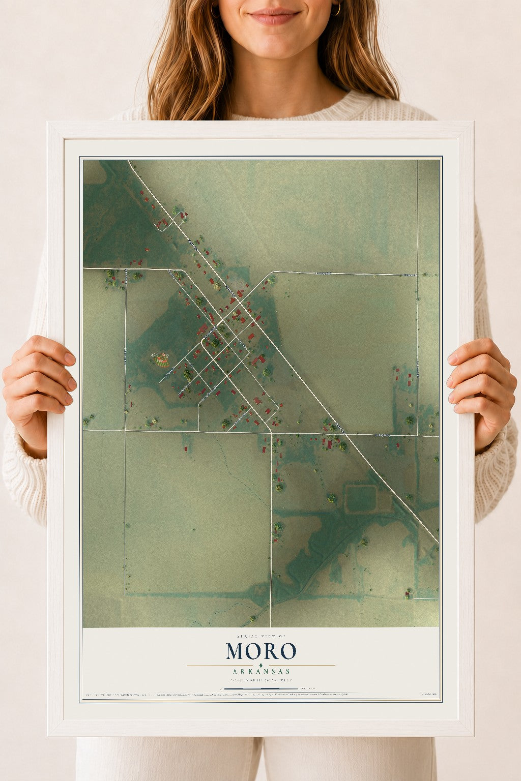 Map of Moro, Arkansas, 18 x 24 inch print in a white wood frame