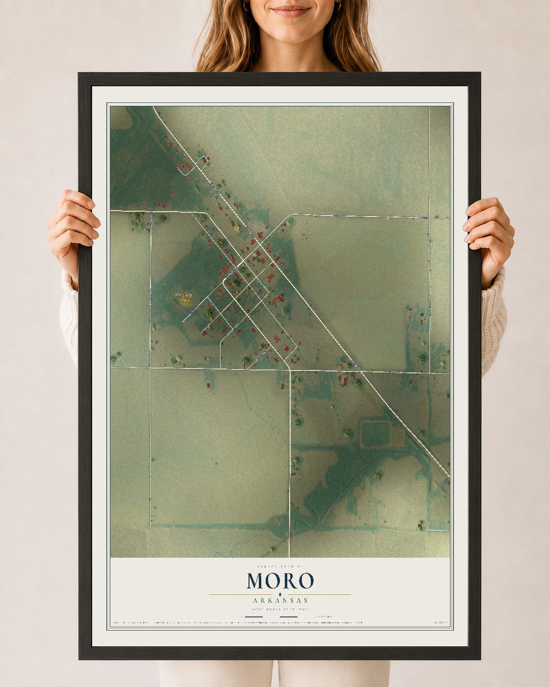 Map of Moro, Arkansas, 24 x 36 inch print in a black wood frame