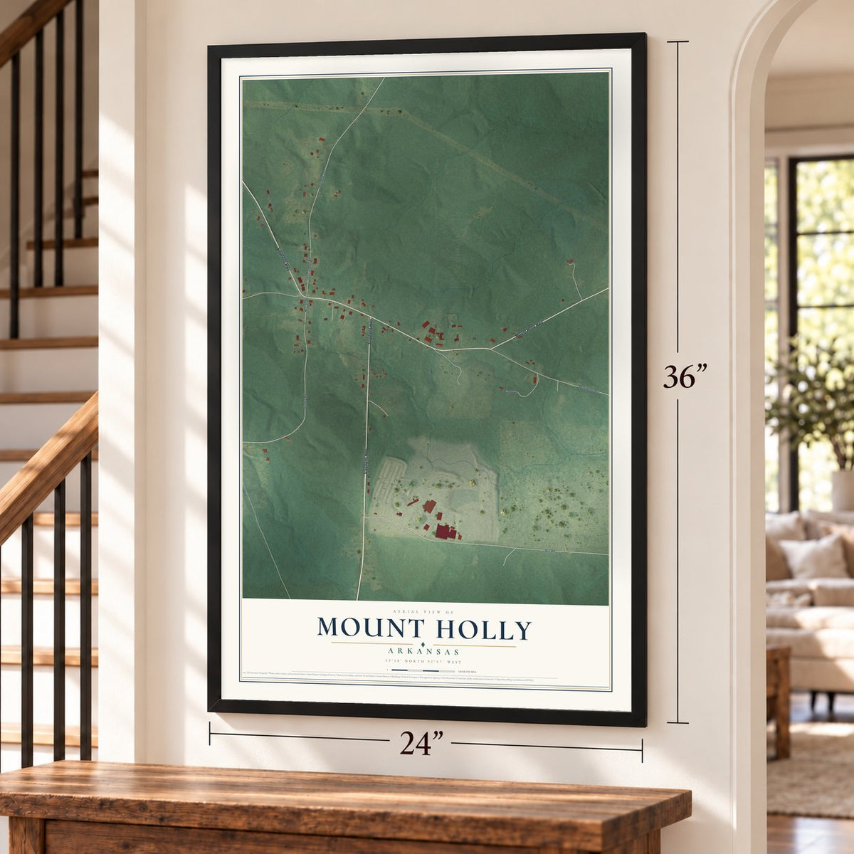Mount Holly, Arkansas map, 24 x 36 inch print in a black frame by a staircase