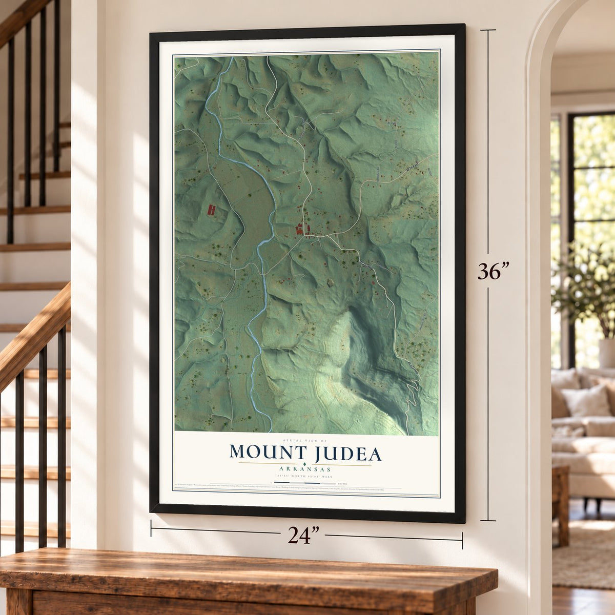 Mount Judea, Arkansas map, 24 x 36 inch print in a black frame by a staircase