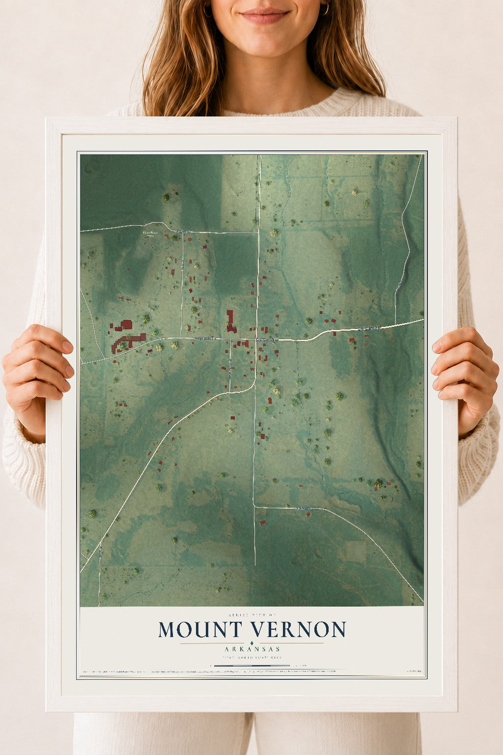 Map of Mount Vernon, Arkansas, 18 x 24 inch print in a white wood frame
