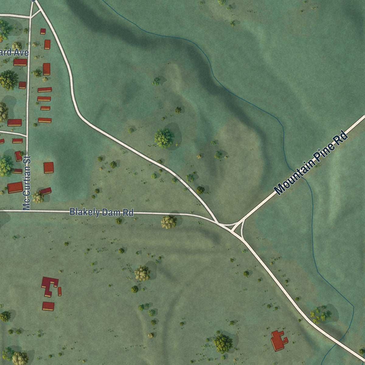 Second close-up of the map of Mountain Pine, Arkansas print showing more streets and buildings