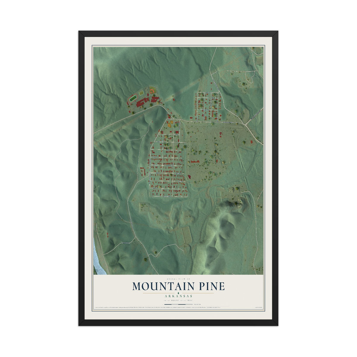 Map of Mountain Pine, Arkansas, 12 x 18 inch print in a black wood frame