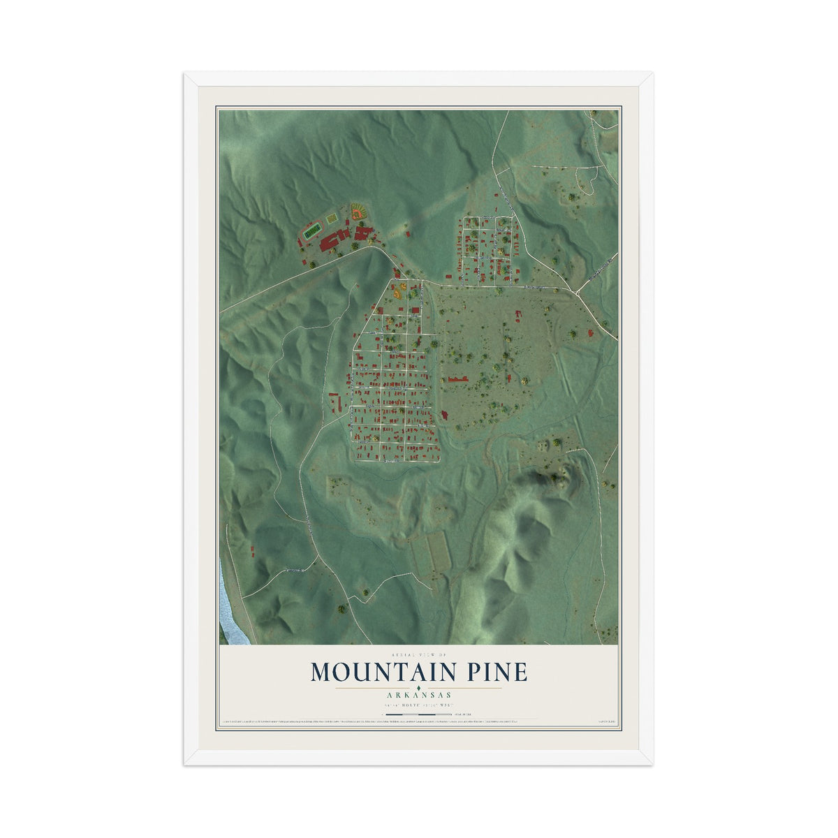 Map of Mountain Pine, Arkansas, 12 x 18 inch print in a white wood frame