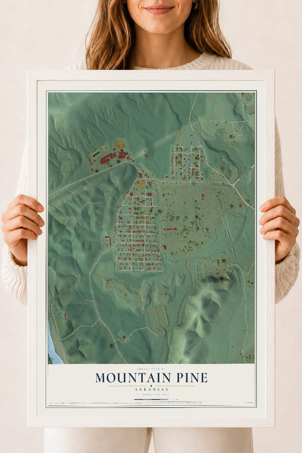 Map of Mountain Pine, Arkansas, 18 x 24 inch print in a white wood frame