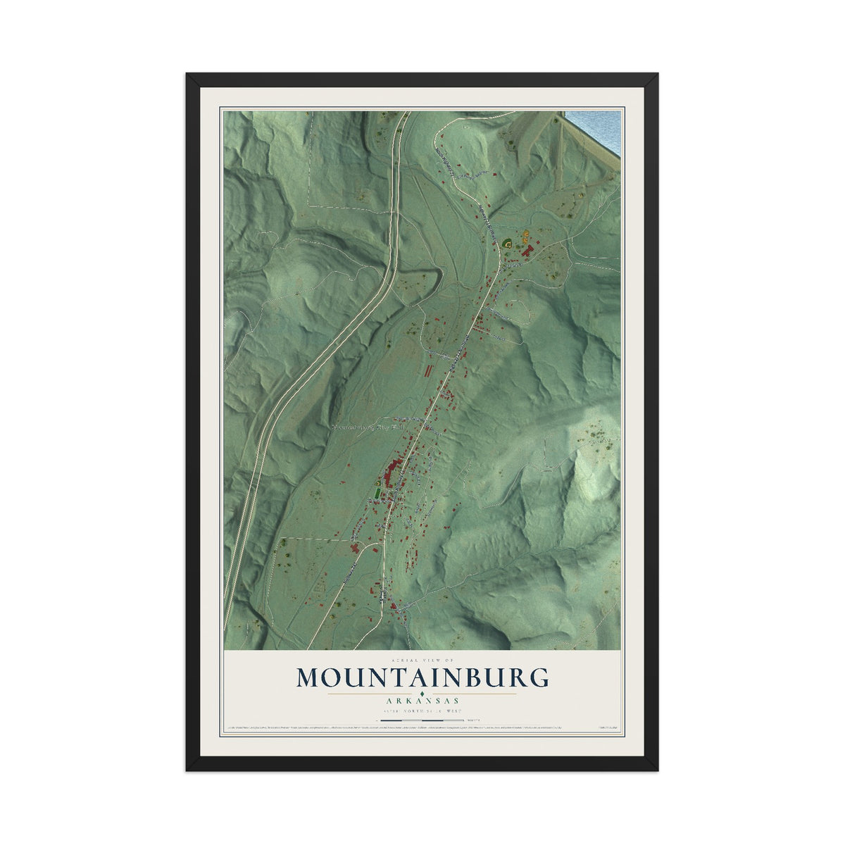 Map of Mountainburg, Arkansas, 12 x 18 inch print in a black wood frame
