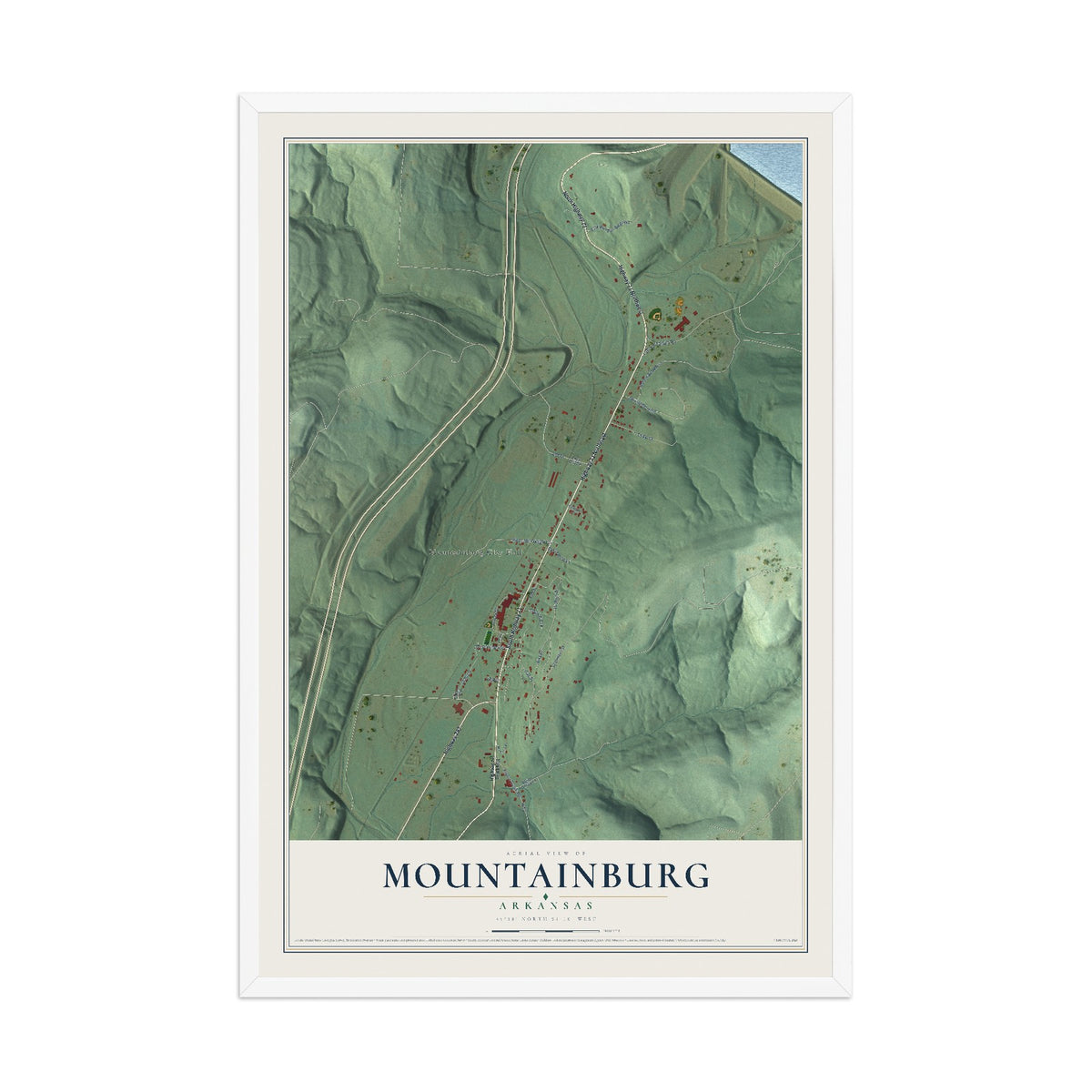 Map of Mountainburg, Arkansas, 12 x 18 inch print in a white wood frame
