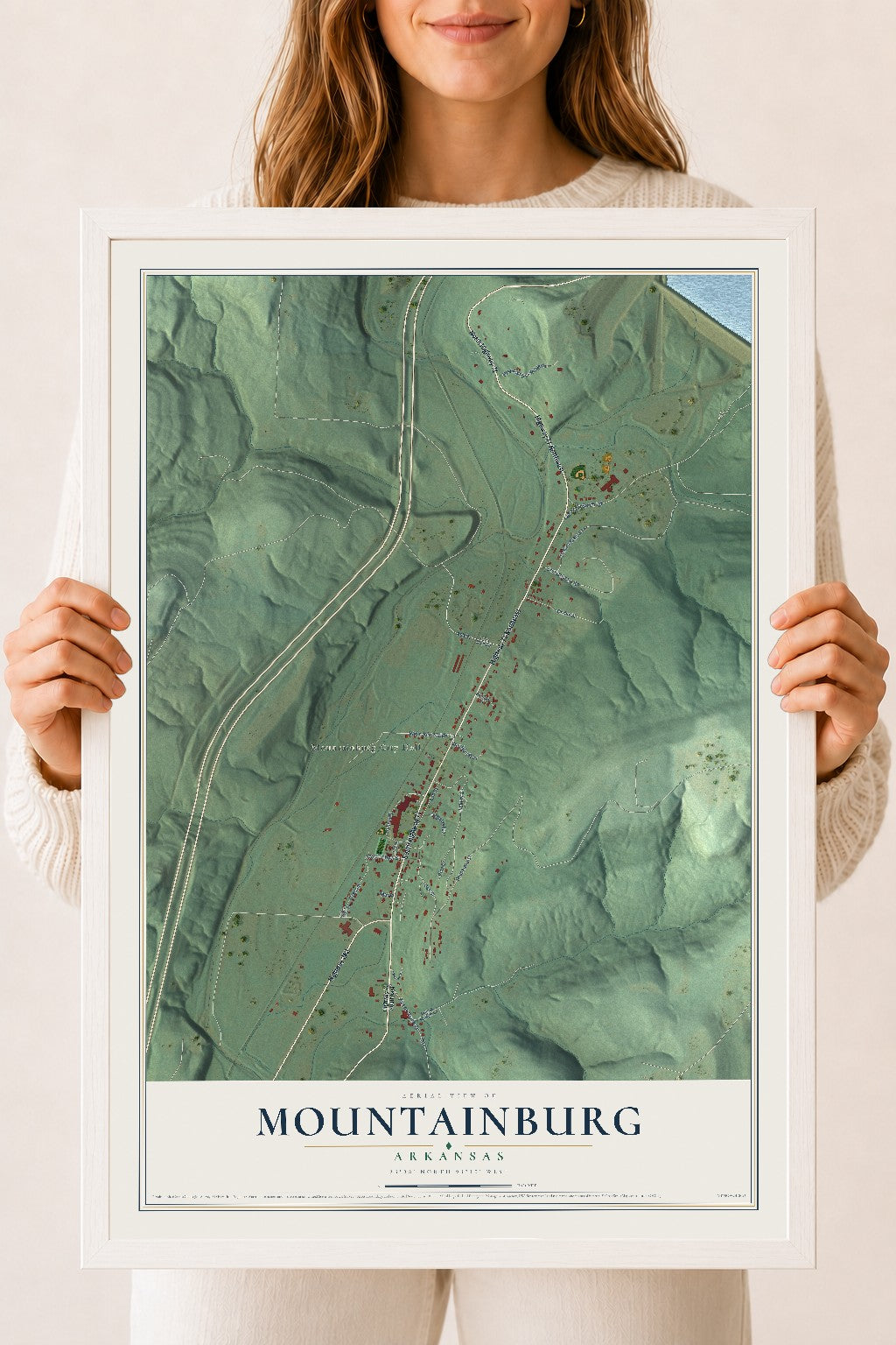 Map of Mountainburg, Arkansas, 18 x 24 inch print in a white wood frame