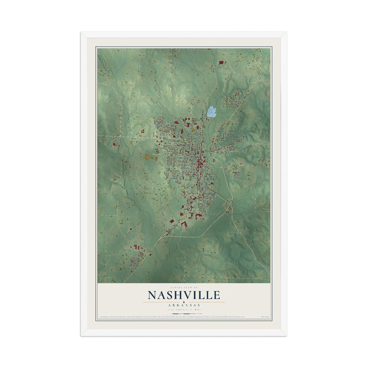 Map of Nashville, Arkansas, 12 x 18 inch print in a white wood frame