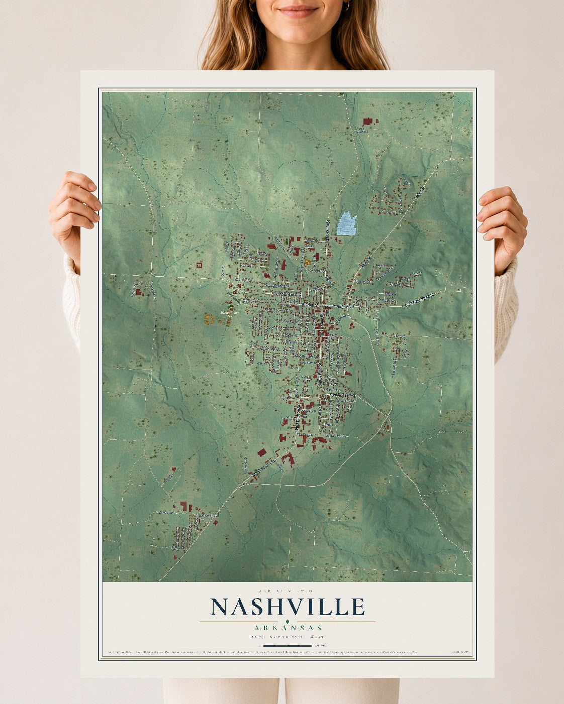 Map of Nashville, Arkansas, 24 x 36 inch unframed archival matte print