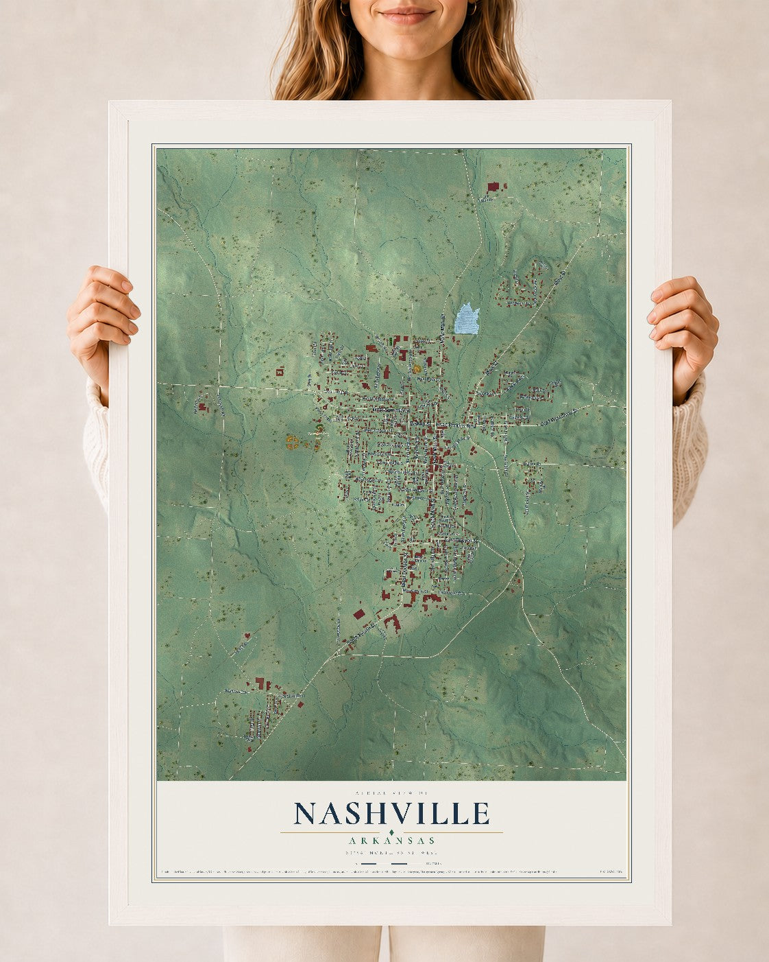 Map of Nashville, Arkansas, 24 x 36 inch print in a white wood frame