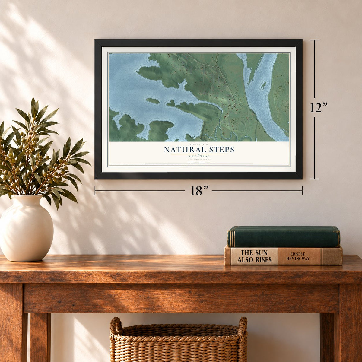 Natural Steps, Arkansas map, 12 x 18 inch print in a black frame in an entryway