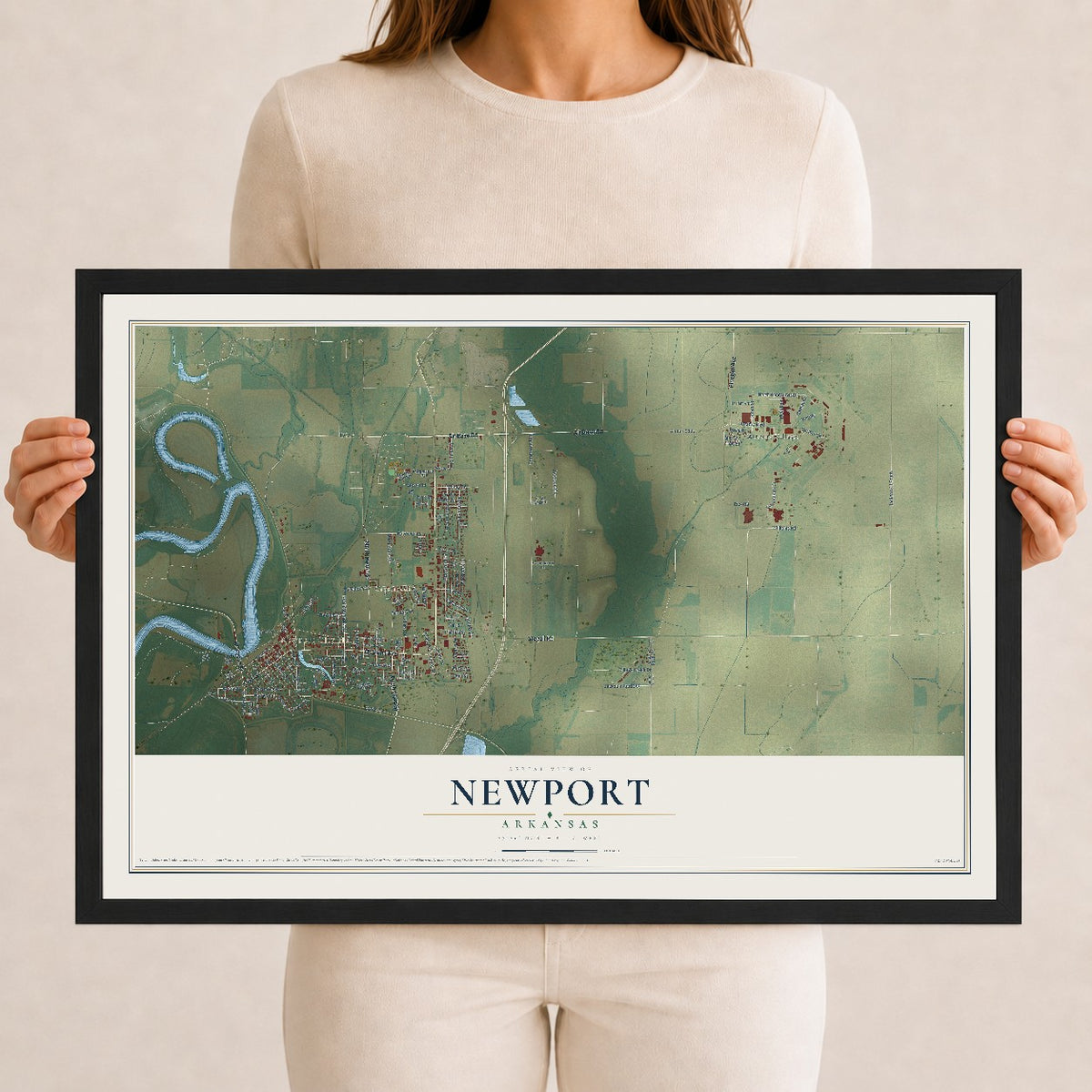 Map of Newport, Arkansas, 12 x 18 inch print in a black wood frame