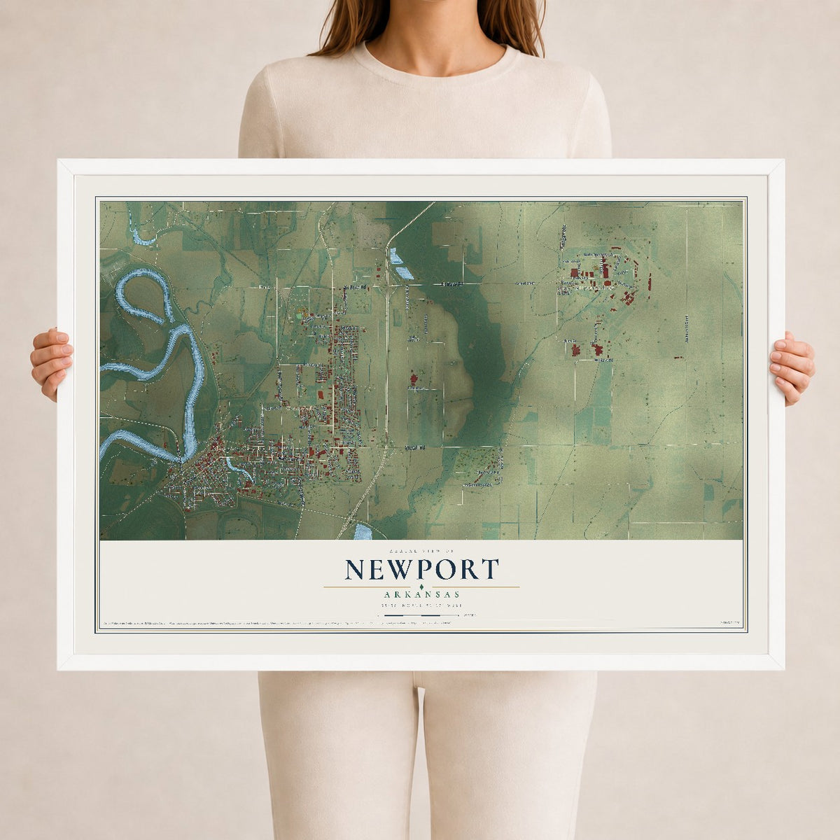 Map of Newport, Arkansas, 24 x 36 inch print in a white wood frame