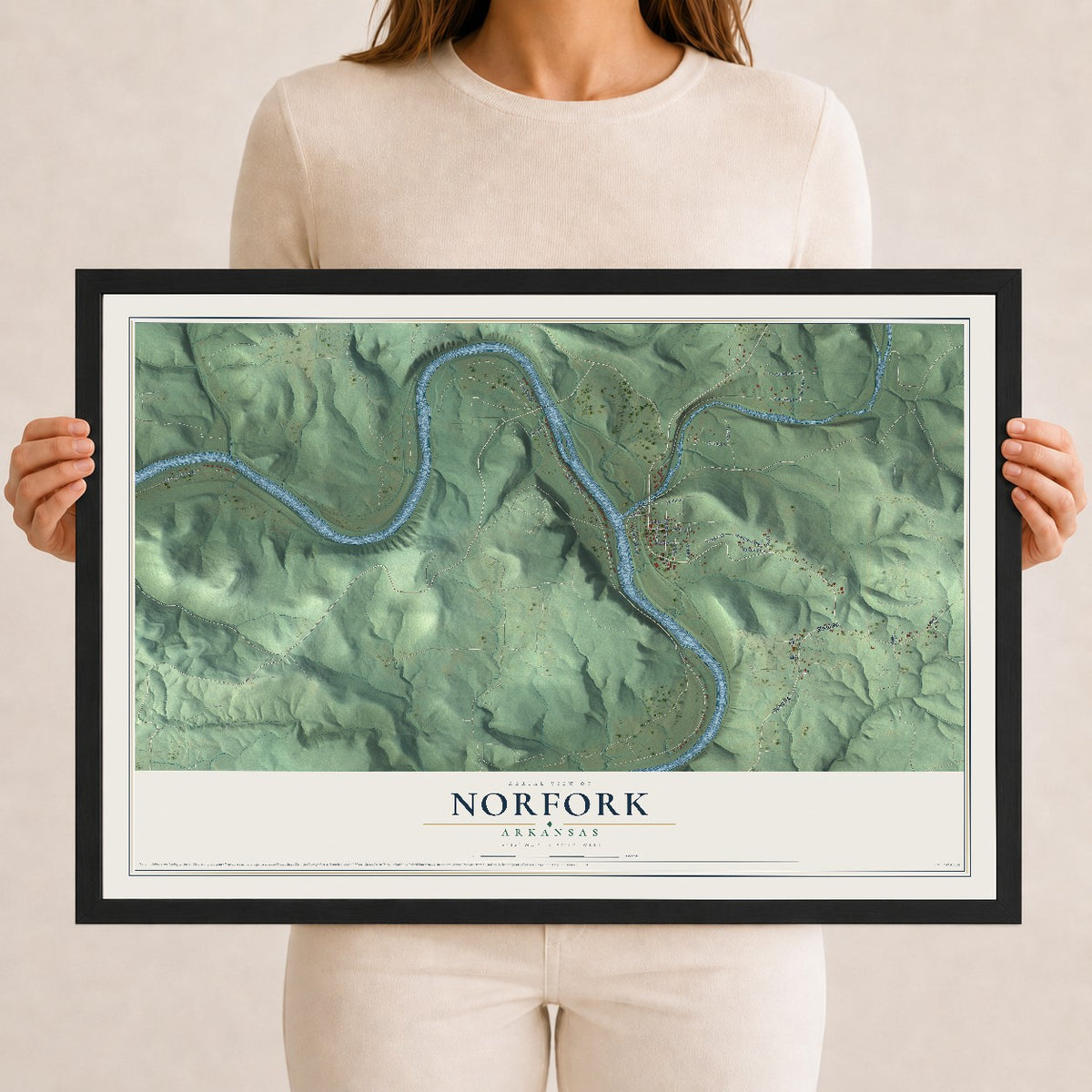 Map of Norfork, Arkansas, 12 x 18 inch print in a black wood frame
