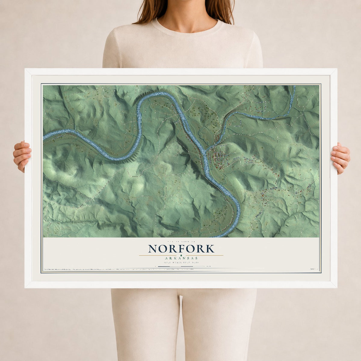 Map of Norfork, Arkansas, 24 x 36 inch print in a white wood frame