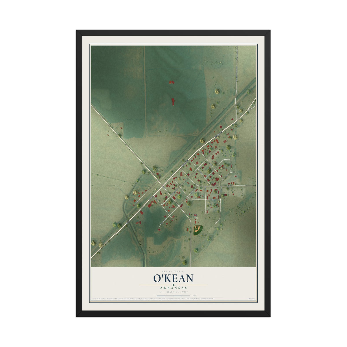 Map of O'Kean, Arkansas, 12 x 18 inch print in a black wood frame