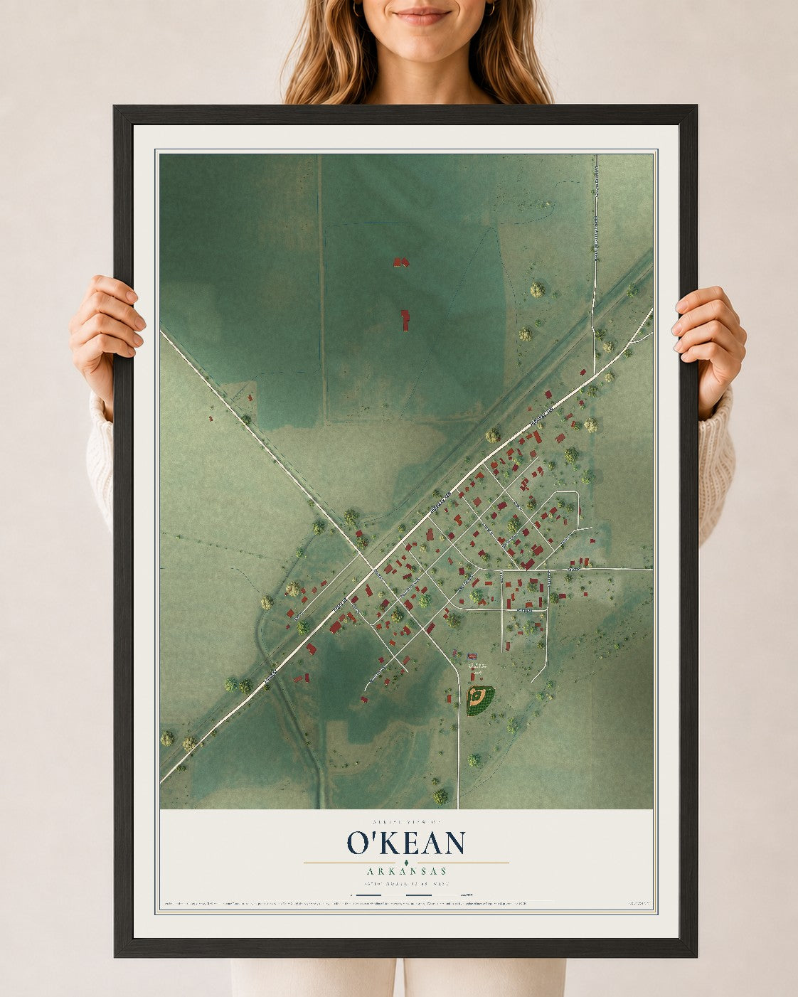 Map of O'Kean, Arkansas, 24 x 36 inch print in a black wood frame