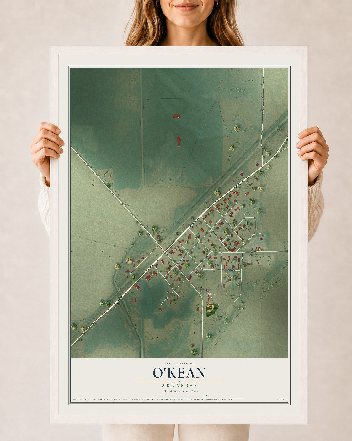 Map of O'Kean, Arkansas, 24 x 36 inch print in a white wood frame
