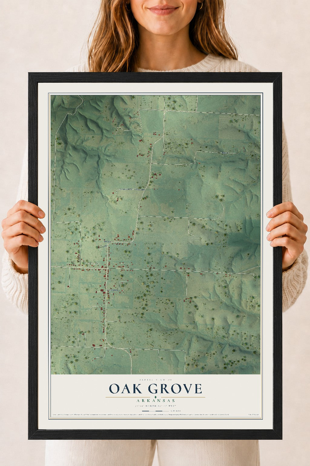 Map of Oak Grove, Arkansas, 18 x 24 inch print in a black wood frame