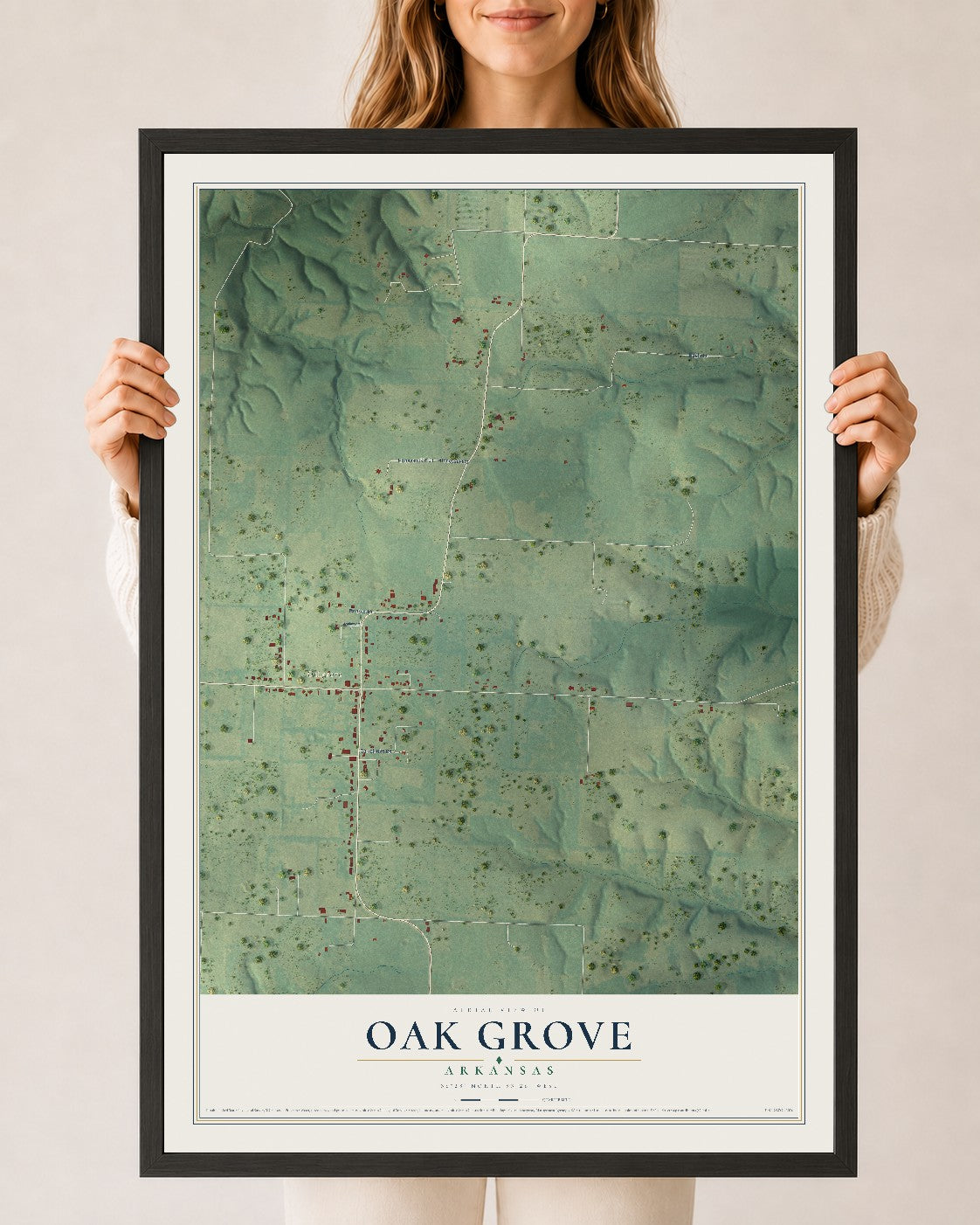Map of Oak Grove, Arkansas, 24 x 36 inch print in a black wood frame