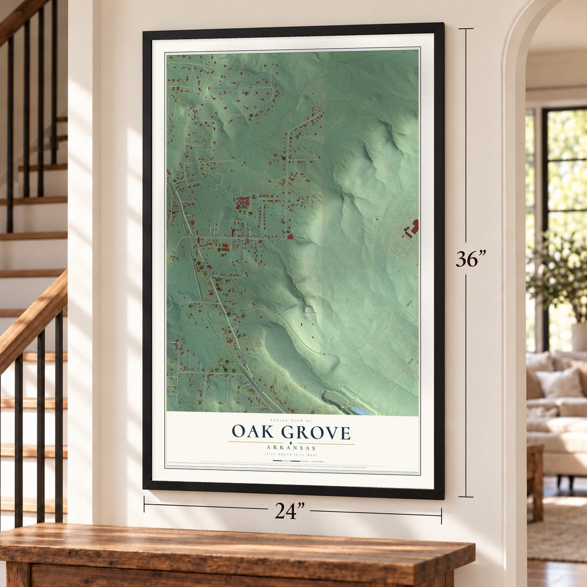 Oak Grove, Pulaski County, Arkansas map, 24 x 36 inch print in a black frame by a staircase