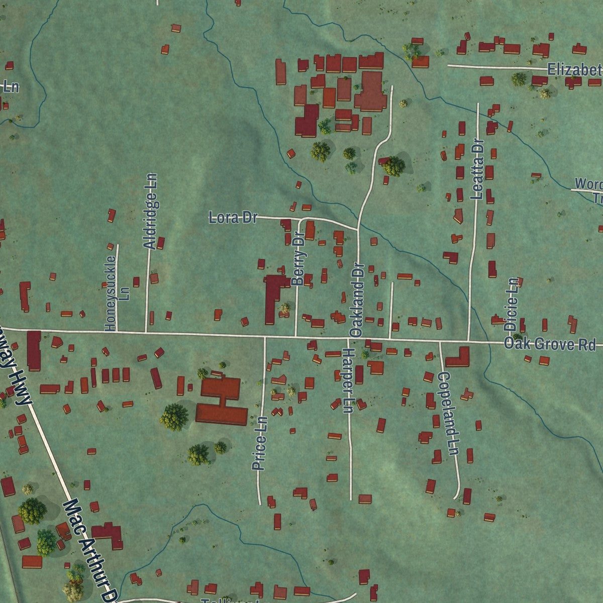 Close-up of the map of Oak Grove, Pulaski County, Arkansas print showing street and building detail