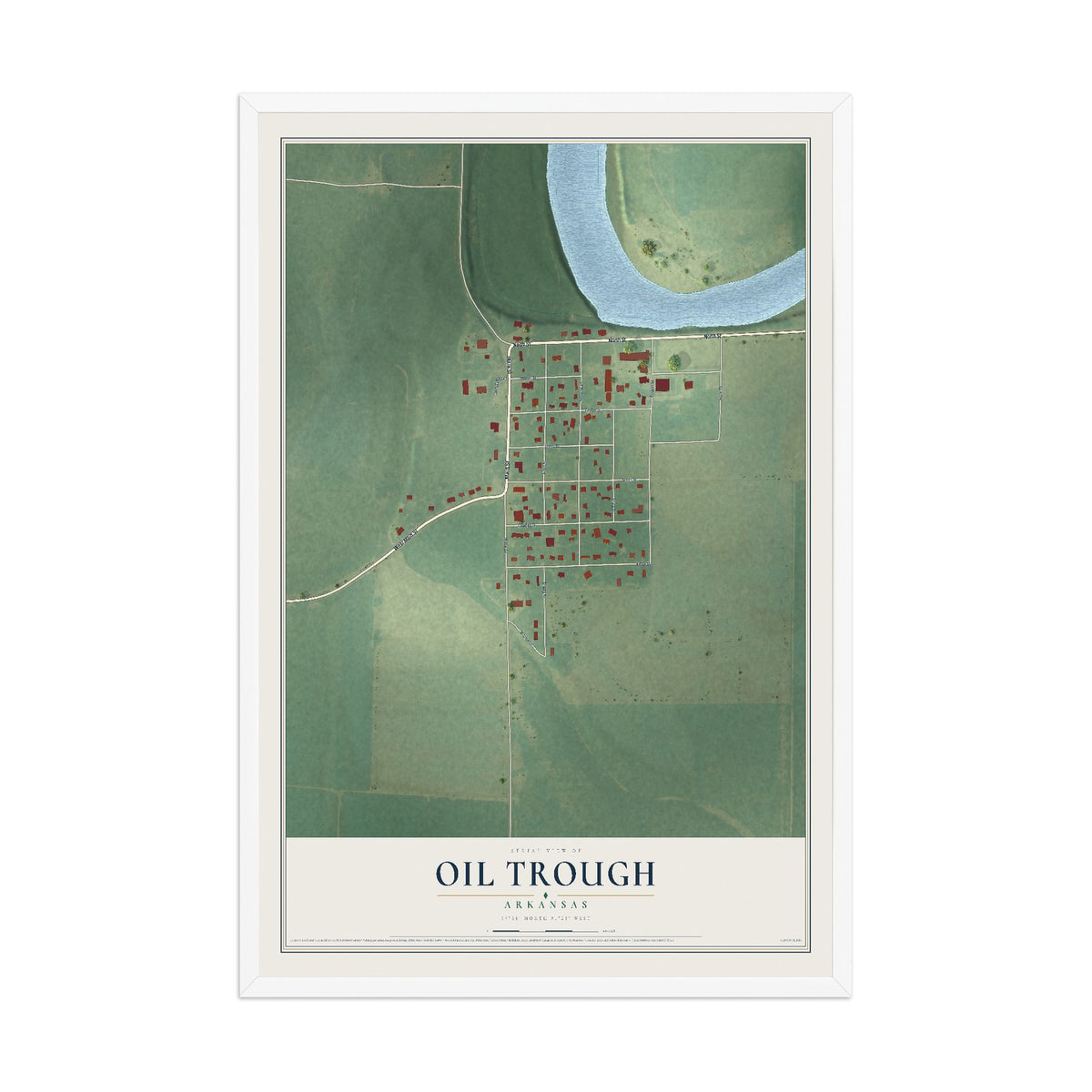 Map of Oil Trough, Arkansas, 12 x 18 inch print in a white wood frame