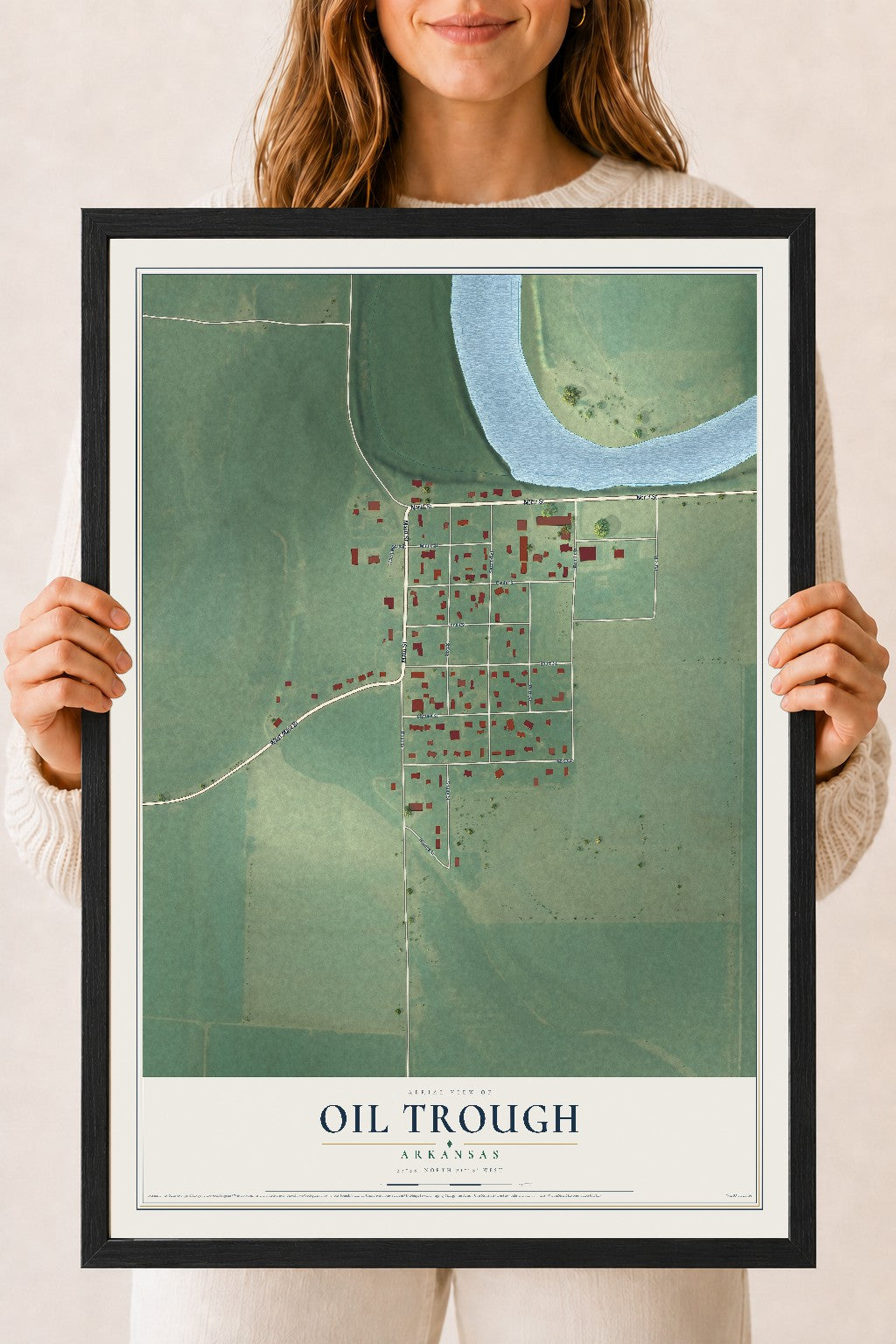 Map of Oil Trough, Arkansas, 18 x 24 inch print in a black wood frame