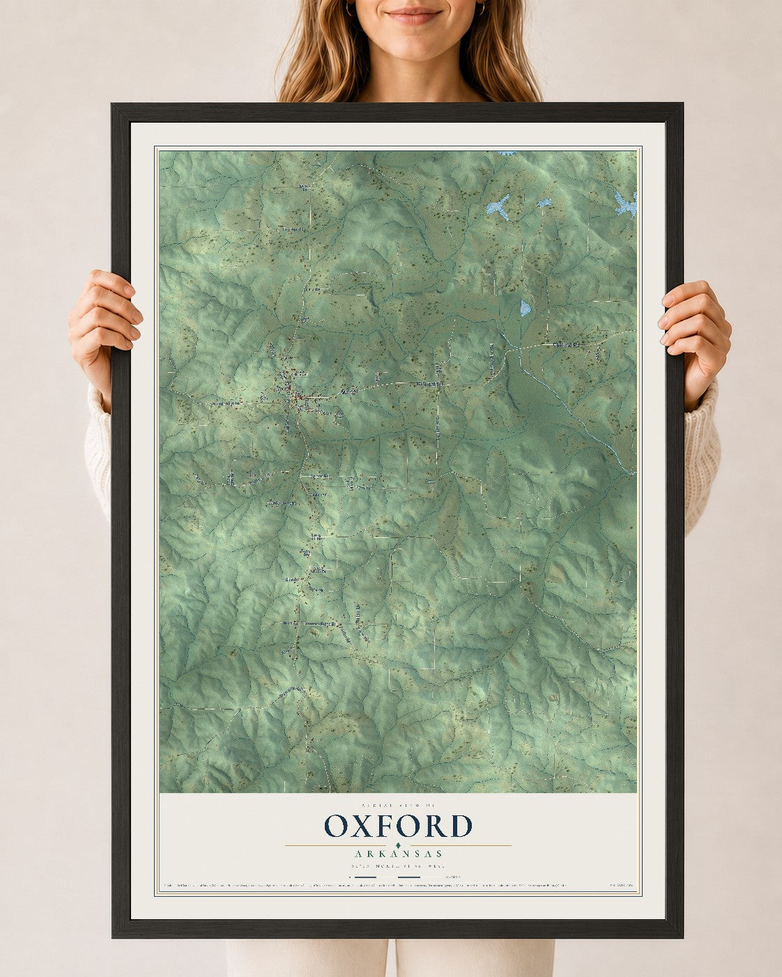 Map of Oxford, Arkansas, 24 x 36 inch print in a black wood frame