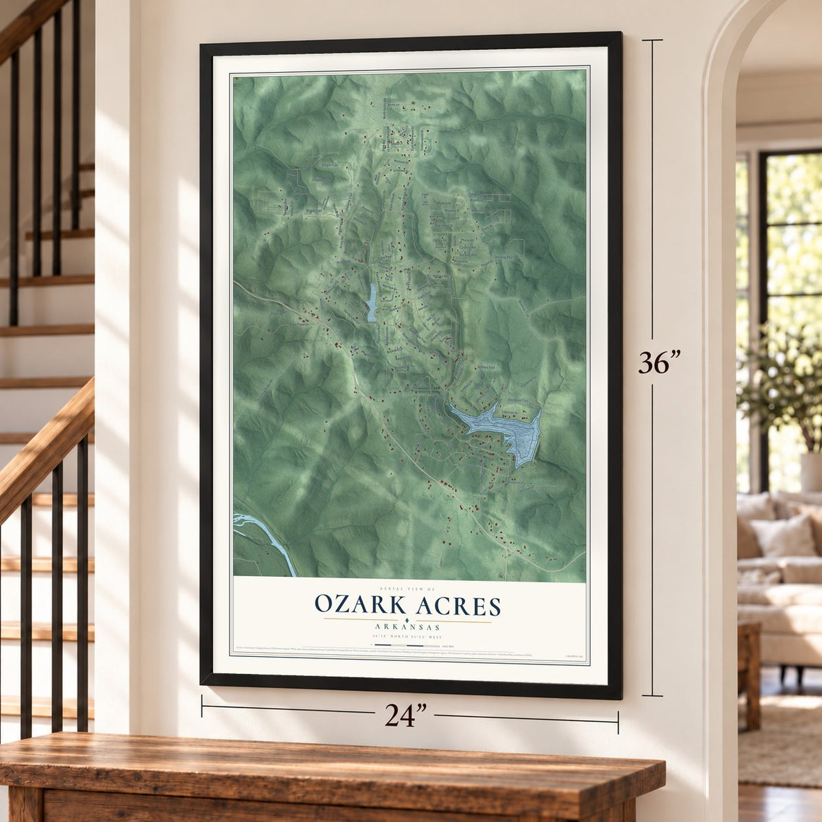 Ozark Acres, Arkansas map, 24 x 36 inch print in a black frame by a staircase