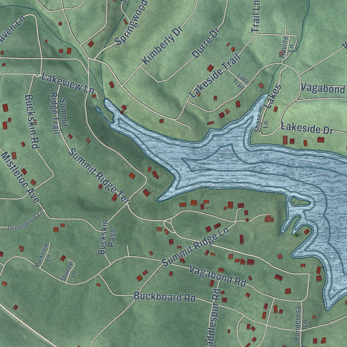 Close-up of the map of Ozark Acres, Arkansas print showing street and building detail