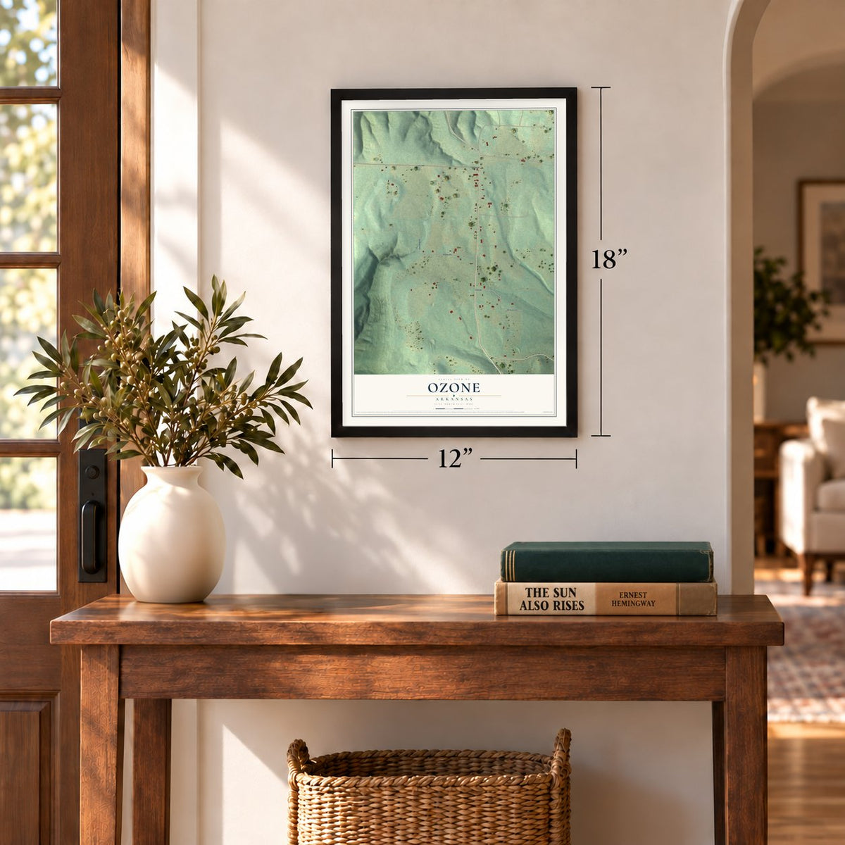 Ozone, Arkansas map, 12 x 18 inch print in a black frame in an entryway
