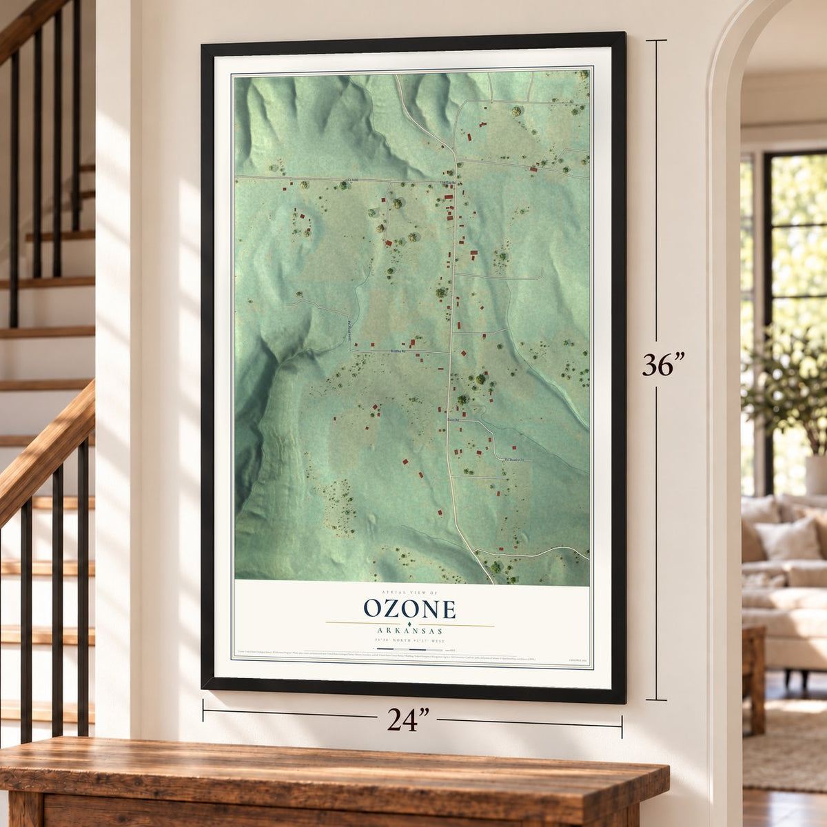 Ozone, Arkansas map, 24 x 36 inch print in a black frame by a staircase