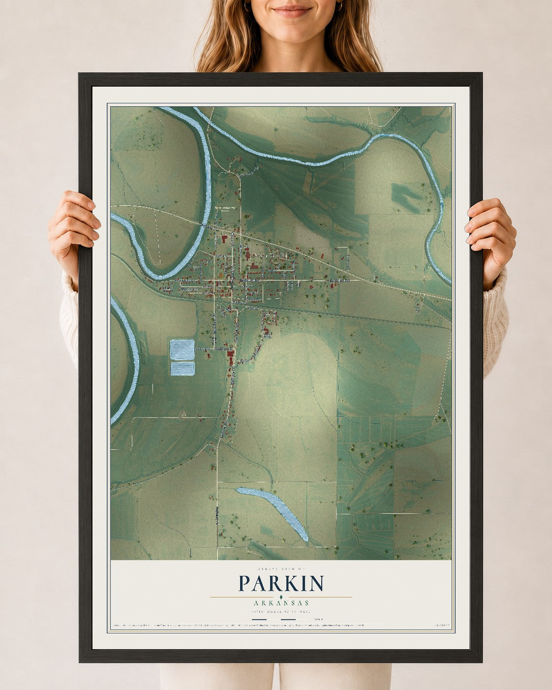 Map of Parkin, Arkansas, 24 x 36 inch print in a black wood frame