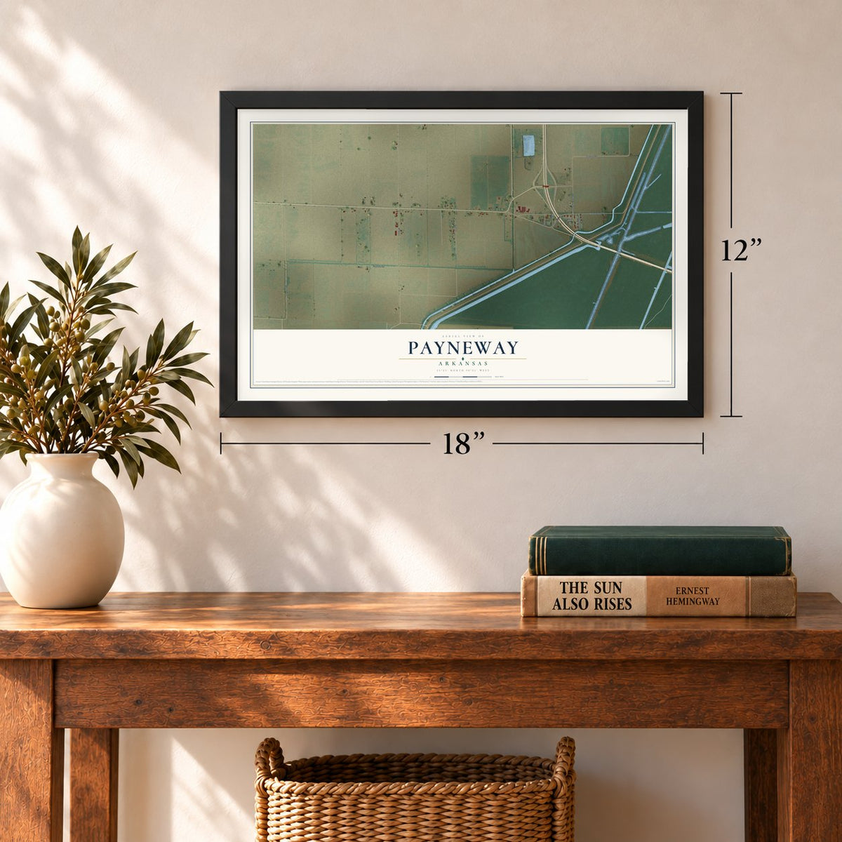 Payneway, Arkansas map, 12 x 18 inch print in a black frame in an entryway